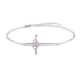 YZSFMZGE Birthstone Bracelet 925 Sterling Silver October Birthstone Bracelets for Women Cross Heart Pink Tourmaline Adjustable Bracelet Birthstone Jewelry Gifts for Birthday