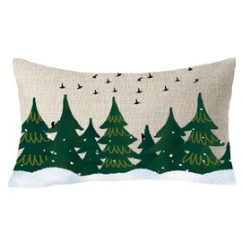 FELENIW Happy Winter Snowflakes Forest Tree Birds Merry Christmas (The Blue at The Bottom is a Pattern Design, not Dyed) Cotton Linen Decorative Throw Pillow Cover Cushion Case Lumbar 12x20 inches