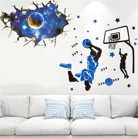 OCXEQJX 3D Blue Out of Space Milky Way Wall Decals Galaxy Wall Sticker Basketball Player Dunk Basketball Star Wall Decals Removable Inspirational Wall Art Nursery Decor for Bedroom Ceiling (Blue 2)