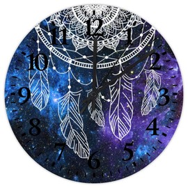 Wooden Wall Clock Battery Operated Non Ticking Boho Moon Dream Catcher Feather Frameless Wall Clocks Turquoise Purple Dreamcatcher Home Decor for Washroom Hotel Indoor 10 Inch