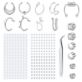 MODRSA Fake Piercings Fake Nose Ring Fake Nose Piercing Fake Lip Ring Fake Lip Piercing Fake Septum Ring Faux Nose Rings for Women Clip on Nose Ring Fake Nose Stud Stick on Fake Earrings Stud Silver