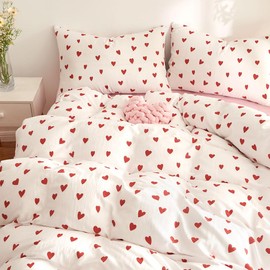 Michorinee Double Muslin Bed Linen 155 x 220 cm Cotton White with Red Hearts Pattern Soft Duvet Cover Set 2-Piece Hearts Romantic Bedding Sets with Zip and 1 Pillowcase 80 x 80 cm