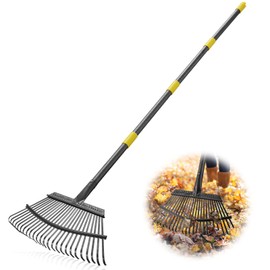 CALCHELE Metal Garden Rake, 5FT Rake for Leaves Lawns, 25 Metal Tines 18 inch Wide with Adjustable Handle Heavy Duty Yard Leaf Rakes for Gardening