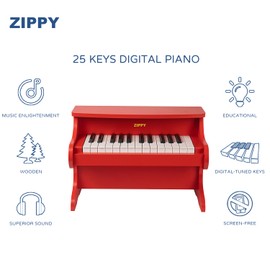 ZIPPY Kids Piano Keyboard, 25 Keys Digital Piano for Kids, Mini Music Educational Instrument Toy, Wood Toy for Toddlers Girls Boys (Red)