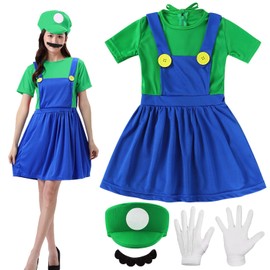 Shengruili 4 Piece Luigi Costume Set, Luigi Costume, Bros Cosplay Costume, Women, Men, Boys, Girls Outfit for Christmas, Carnival, Fancy Dress Costumes