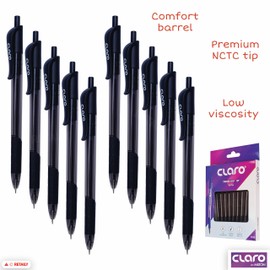 CLARO Trion Grip RT Retractable Ballpoint Pens, BLACK, Fine Point (0.7mm), Pack of 10, Smooth Ball Pens, Perfect for School Office Home Everyday Use