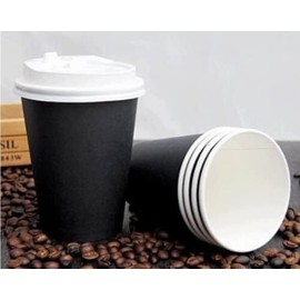 HOT BARGAINS, 50 X 12oz Black Insulated Takeaway Disposable Double Wall Paper Coffee and Cold Drinks Cups to Go with White Lids (12oz)