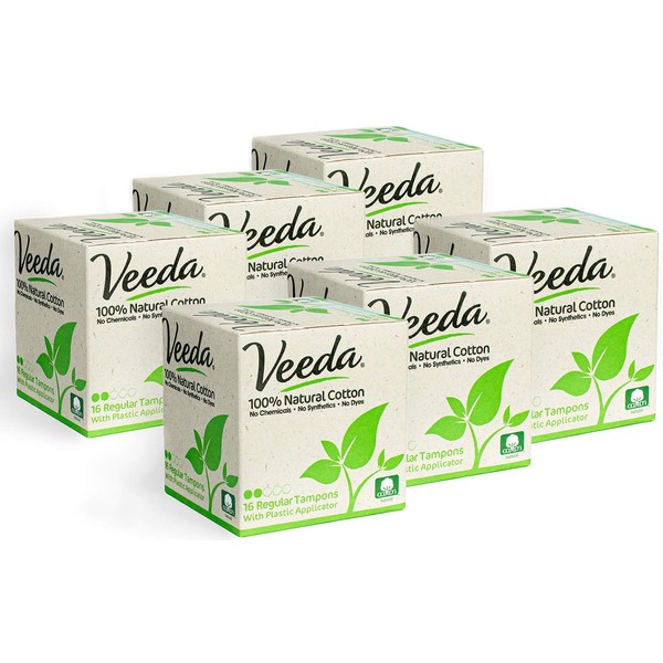Veeda 100% Natural Cotton Regular Tampons with Compact BPA-Free Applicator, Dermatologically Tested, Chlorine, Fragrance and Dye Free, Unscented, 6 Packs of 16 Count Each