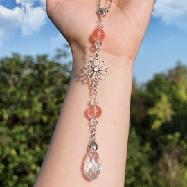 Pyotivol Car Rear View Mirror Accessories Dasiy Car Hanging Ornament, Crystal Rearview Decor Charm Handmade Red Quartz Beaded Crystal Cute Boho Swinging Interior Decor for Women Men