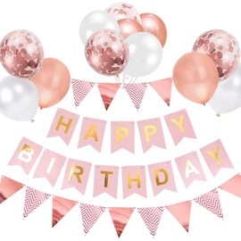 Balloons Birthday Decoration Set, Rose Gold Birthday Decoration Happy Birthday Decoration Banner Party Decoration Birthday Set with Rose Gold Balloons Confetti Balloons Triangle Flags Garlands (RG +
