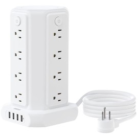 10FT Extension Cord Power Strip Tower, 16 Widely Outlets 1875W 15A, Flat Plug Surge Protector with 4 USB Ports, Individual Switches, 1080 Joules, Overload Protection for Home Office Desktop, White