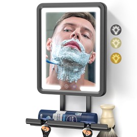 Widitn Lighted Shower Mirror Fogless for Shaving, Heated Fogless Shower Mirror with 3 Colors Stepless Dimmable Lights, Rechargeable Adjustable Shaving Mirror with Razor Stand, Brush Holder for Men