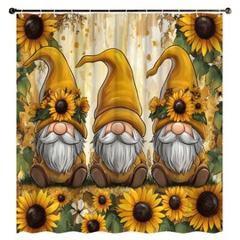 Gnomes Shower Curtain Fall Rustic Sunflowers Autumn Thanksgiving Day Harvest Orange Yellow Plants Green Leaves Farmhouse Watercolor Leaf Nature Scene Decor Curtain 70" Wx70 H Polyester Fabric