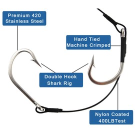 SHADDOCK Twin Hooks Rig Stainless Steel Jig Hooks Heavy Duty Shark Rigs Cable Leader Rigging Saltwater Sea Fishing Big Game Carp Fishing Tackle Accessories (10/0-2PCS)
