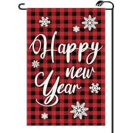 Happy New Year Garden Flag 12x18 Inch Vertical Double Sided Christmas Winter Red Plaid Small Flags Celebration Party Farmhouse Outside Decoration For Yard (ONLY FLAG) XN22