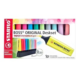Highlighter - STABILO BOSS ORIGINAL - Deskset of 10 - 5 Fluorescent Colours + 5 Pastel Colours