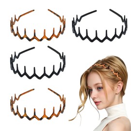 4 Pcs Zig Zag Headband, 90s Zigzag Headbands, Plastic Wavy Hairbands with Shark Teeth Comb Design, Non-Slip Elastic Headbands for Women Men Girls, Unisex Hair Accessories (Black, Brown)