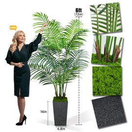 KOPWVA Artificial Palm Tree-6ft, Fake Tree with White Tall Planter, Faux Tropical Areca Floor Plant in Pot - Artificial Silk Plant for Home Office Living Room Decor Indoor (Black)