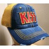Kiss Hat Distressed Ball Cap Hat Denim & Wheat Mesh