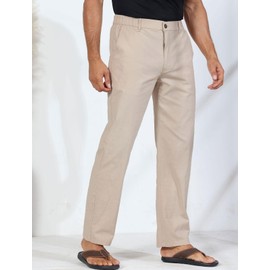Soojun Men's Casual Linen Blend Relaxed Fit Straight Legs Elastic Waist Pants, Khaki, 32W x 30L
