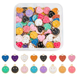 SUPERFINDINGS 96 Pieces 2 Styles Smile Face Charms Pendant Alloy Enamel Charms Pendant 8 Colours Flat Round Heart with Smiling Charms for Jewellery Making, Hole: 1.5 ~ 1.6 mm