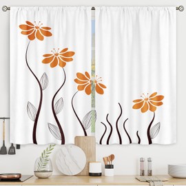 Riyidecor Orange Flower Kitchen Curtains 27.5x39 Inch Floral Petals Rod Pocket Leaves Lines Modern Woman Girl White Plant Printed Living Room Bedroom Window Drapes Treatment Fabric 2 Panels