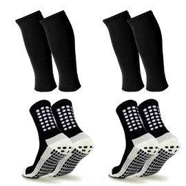 Barrlves 2 Set Grip Soccer Socks and Shin Guard Sleeves Non Slip Soccer Sleeve Socks for Men Women(US, Alpha, One Size, Regular, Regular, Black-1)