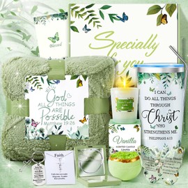 13PCS Christian Gifts for Women Faith-Inspirational Gifts for Women, Green Self Care Gifts Get Well Soon Gifts Basket, Birthday Gifts,Thinking of You Gifts with Blanket for Mom Her Best Friend Sister