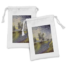 Ambesonne Woodland Fabric Pouch Set of 2, Watercolor Style River Scene Floral Composition with Trees Pastoral Nature, Small Drawstring Bag for Toiletries Masks and Favors, 9" x 6", Apple Green Blue