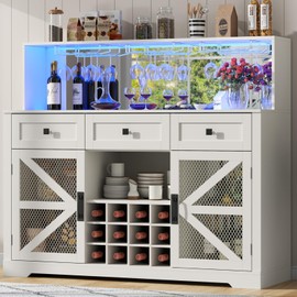 Loomie Wine Bar Cabinet with LED Light, Liquor Cabinet with Glass Holder & Acrylic Mirror, Coffee Bar for Liquor with 3 Drawers, Storage Buffet with Wine Racks, Wine Cabinet with Mesh Door (White)