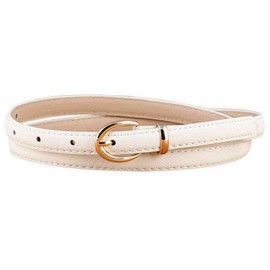FATASH Womens Skinny PU leather Belt with Adjustable Gold Metal Buckle Slim Waist Strap | Vintage Style Solid Color Ladies Fashion Waistband | Classic Retro Thin Belt for Dresses Jeans Coat Off White