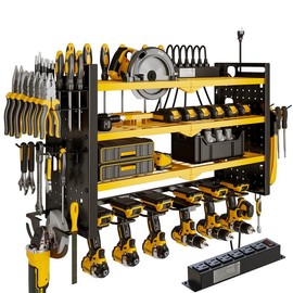 Tool Organizer Wall Mount with óPower Strip,Cordless Tool shelf 6 Drill Holder4 Layers Storage Rack for Garage, EffortlessAssembly - Color: Yellow