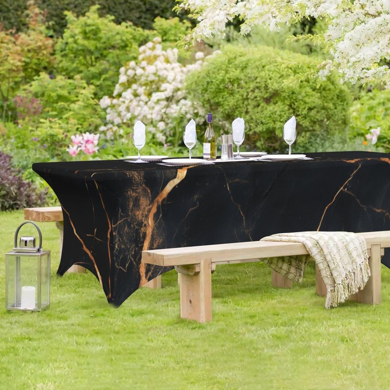 MELEYELIN Black Marble Spandex Tablecloth for Rectangular Tables, Fitted Tablecloth