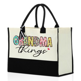 Grandma Gifts Tote Bag for Women Floral Reusable Grocery Bags Funny Grandma Birthday Gifts for Women Grandmother Her Nana Waterproof Canvas Tote Bag for Retirement Anniversary Shopping Christmas