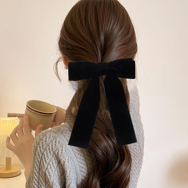 CHANJIF ベロア リボン 黒 ヘアクリップ ロングリボン 蝶結び ベルベット 小顔 かわいい