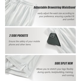 Waghaw Mesh Shorts 6”Mesh Shorts 6 Inch Inseam 6 Shorts Men Mesh Men White Mesh Shorts White Athletic Shorts Men Mesh 6 in Shorts White Athletic Shorts Men White Mesh Basketball Shorts（White, S）