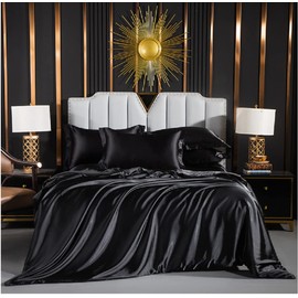 Luofanfei Satin Bettwäsche Schwarz 135x200 Glänzend Einfarbig Bettbezug Set Seide Glatt Luxus Bettwäsche Set Glanzsatin Polyester Einzelbett mit Reissverschluss und Kissenbezug 80x80 cm