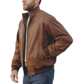 FLAVOR Men's Moto Real Leather Classic Jacket with Stand Collar (Brown, x_l)