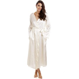 Camille Womens Luxury Long Satin Wrap - Ladies Lightweight & Breathable Summer Nightwear with Tie Belt Fastening Cream 18-20