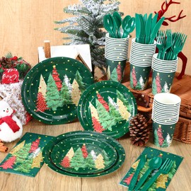 Sinmoe 400 Pcs Christmas Dinnerware Set Disposable Christmas Plates and Napkins Set Serve 50 Winter Paper Dinner Plates Napkins Cup Xmas Party Supplies for Holiday (Green,Xmas Tree)