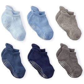 LA Active Baby Toddler Grip Ankle Socks - 6 Pairs - Non Slip/Skid Covered (Boys, 3-6 Months)