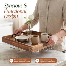 22" x 22" Large Square Acacia Wood Ottoman Tray with Extended Metal Handles, Oversized Decorative Serving Tray for Coffee Table, Ottoman, Breakfast in Bed & Living Room Decor