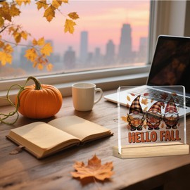 Hello Fall Acrylic Sign - Rustic Farmhouse Pumpkin Decor, Desk Shelf Thanksgiving Decoration, Acrylic Sign Plaque Table Desk Decor for Home Office Farmhouse Meeting Room Dining Room