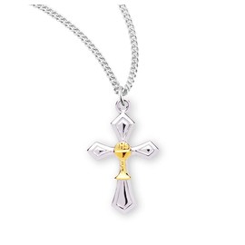 Two-Tone Sterling Silver Cross with a Chalice | 1.0" x 0.6" (26mm x 16mm) | Made in USA | Deluxe Velvet Gift Box | 18" Rhodium Plated Curb Chain | .925 Sterling Silver | First Holy Communion Gift