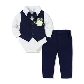 SANMIO Baby Boy Clothes Suits Infant Gentleman Outfit Collared Dress Shirt+Vest+Tie+Corsage+Pants 5Pcs Baby Suit Sets Navy Blue
