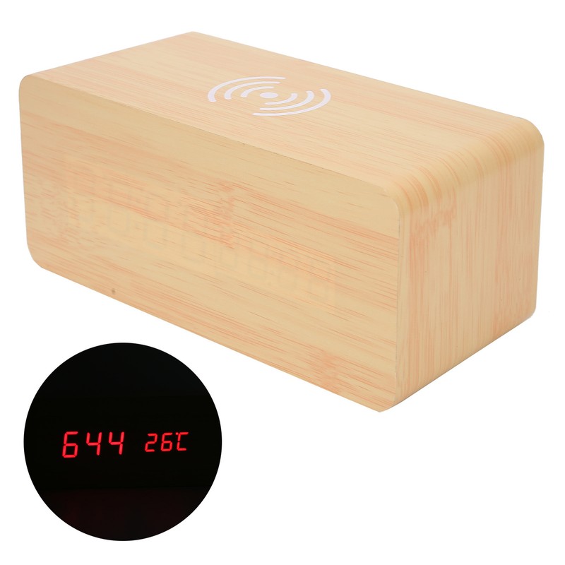 Wooden Clock Alarm Mobile Phone Wireless Charging Wood Voice Control