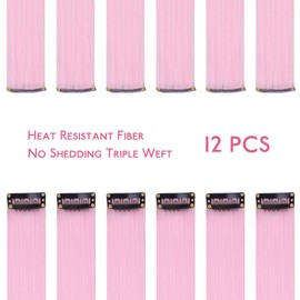 WENNALIFE 12 PCS Pink Hair Extensions Clip in, Colored Clip in Hair Extensions for Kids Highlights Rainbow Hair Clips for Girls Synthetic Straight Pop-up Style Colorful Festival Girls Hair Accessories