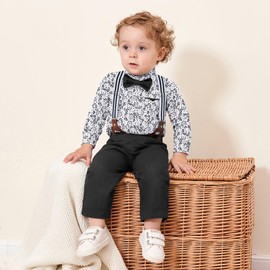 SOLOYEE Baby Boy Clothes 6-9 Months Boy Gentleman Formal Wedding Suits Long Sleeve Romper+Suspender Pants+Bowtie+Beret Hat Baby Boy Dress Clothes Set