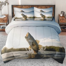 Zzzboro 7Pcs Comforter Set Full Size, Fish Lake Fishing It, Bedding Decor Fish Jumping Out of The Water Bed Set with Flat Sheet Fitted Sheet Pillowcases Shams for Kids and Adults