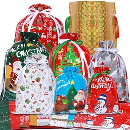 30Pcs Christmas Drawstring Gift Bags,8 Design 4 Size Xmas Large Medium Small Multipack Goody Bags,Reusable Christmas Wrapping Bags for Presents,Christmas Party,Birthday,Holiday Decorations